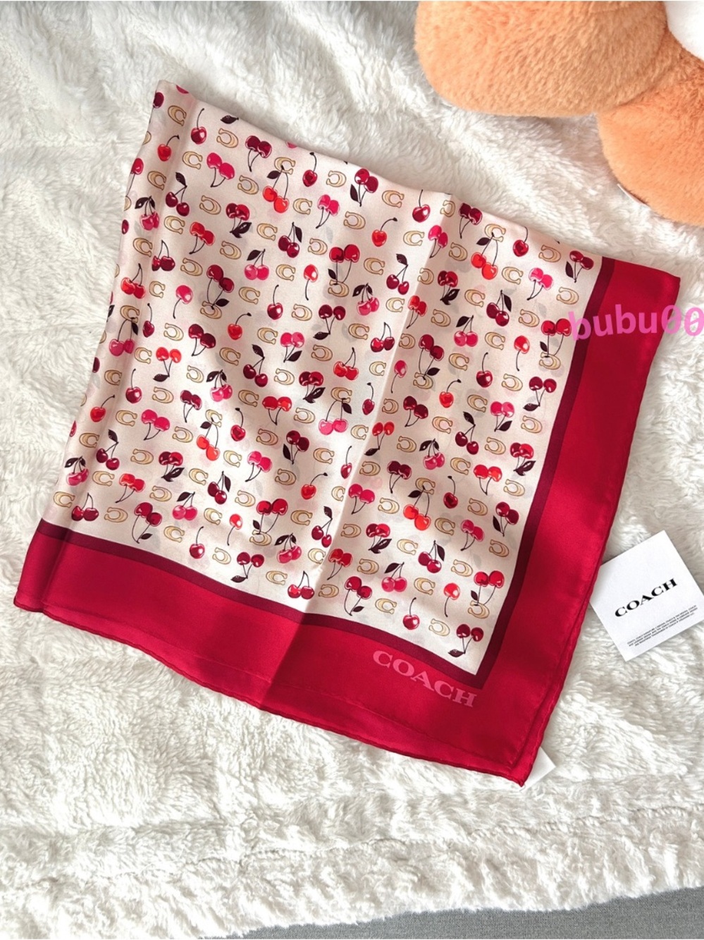 NWT🍒Coach Sculpted C Cherries Print Silk Bandana Red CDG76 23"x 23" Scarf Wrap